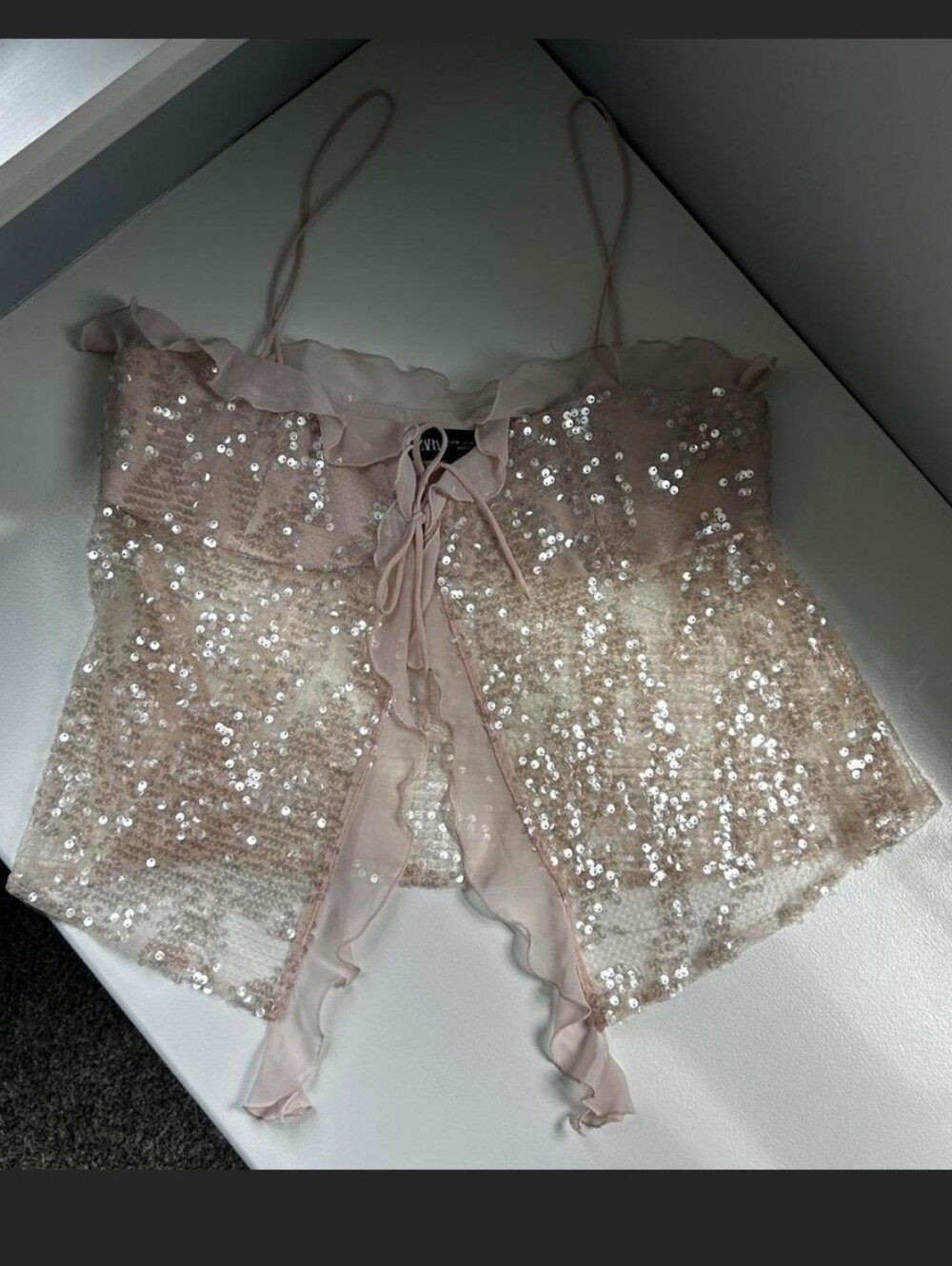 ZARA WOMAN STRAPPY SEQUINNED CAMISOLE TOPFRILLS BEIGE PINK S